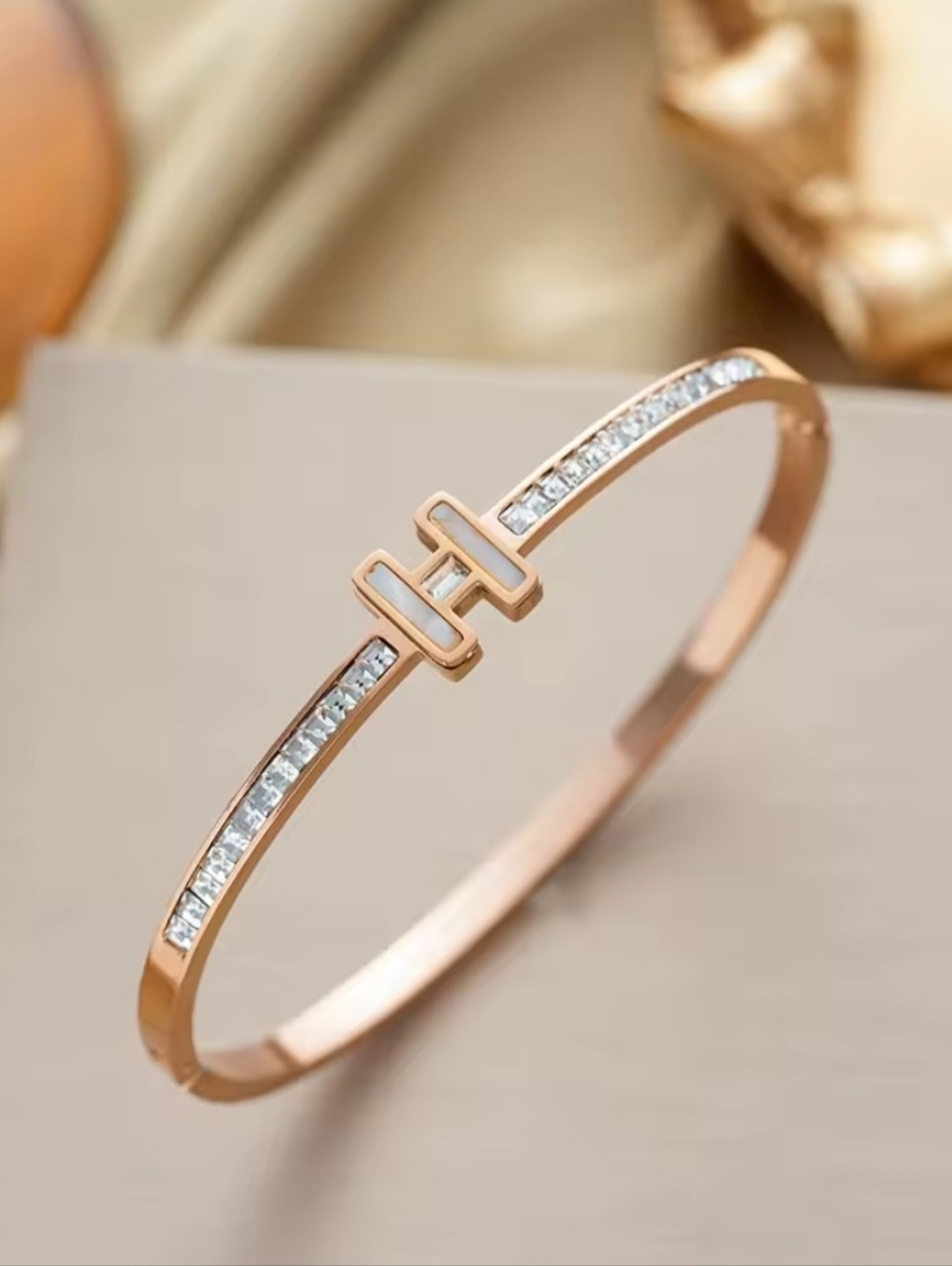 Gold Plated CZ H-Shaped Initial Pendant Necklace and Rose Gold Bangle Set Gifts - Picture 5 of 13